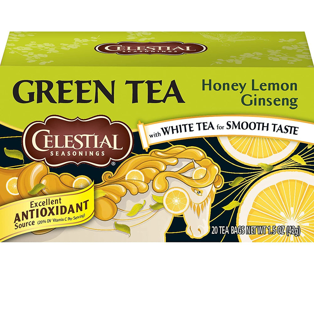 Celestial Seasonings Honey Lemon Ginseng Green Tea bags in a box, ready for a soothing moment.