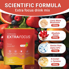 Glass with Cellbiolabs Extra Focus drink showing a refreshing sugar-free beverage.