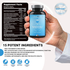 Close-up of Cellregen NAD-HIM capsules emphasizing veggie capsules for daily use