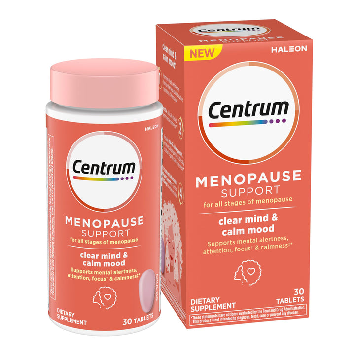 Centrum Clear Mind Calm Mood bottle shows easy daily menopause support