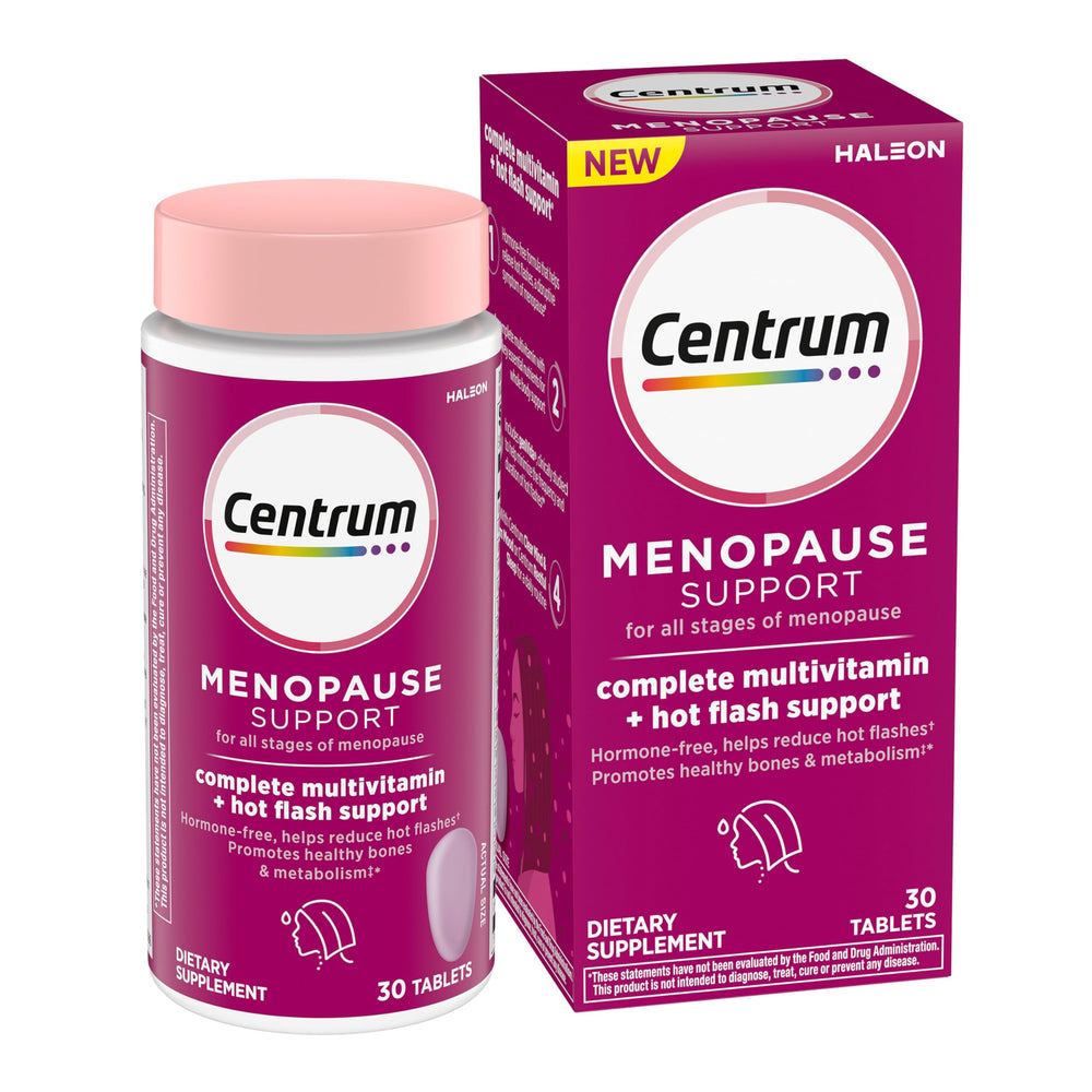 Centrum Complete hot-flash bottle showing daily use for menopause support