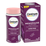Centrum Restful Sleep menopause bottle on a counter suggesting calm nightly support.