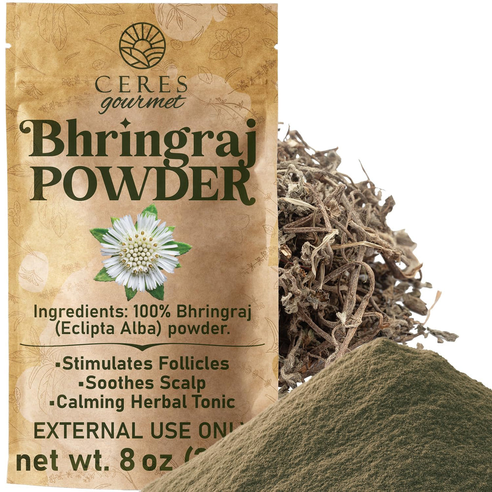 Ceres Gourmet Bhringraj powder in a jar for convenient DIY hair care.