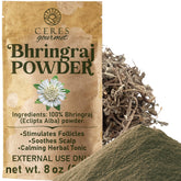 Ceres Gourmet Bhringraj powder in a jar for convenient DIY hair care.