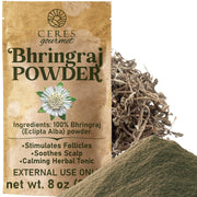 Ceres Gourmet Bhringraj powder in a jar for convenient DIY hair care.
