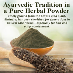 Ceres Gourmet bhringraj powder texture close-up highlighting pure, additive-free formula.
