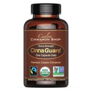 Ceylon Cinnamon Shop CinnaGuard bottle close-up with organic certification logos.