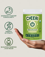 Close-up of kale, spinach, broccoli in Cheerific greens blend