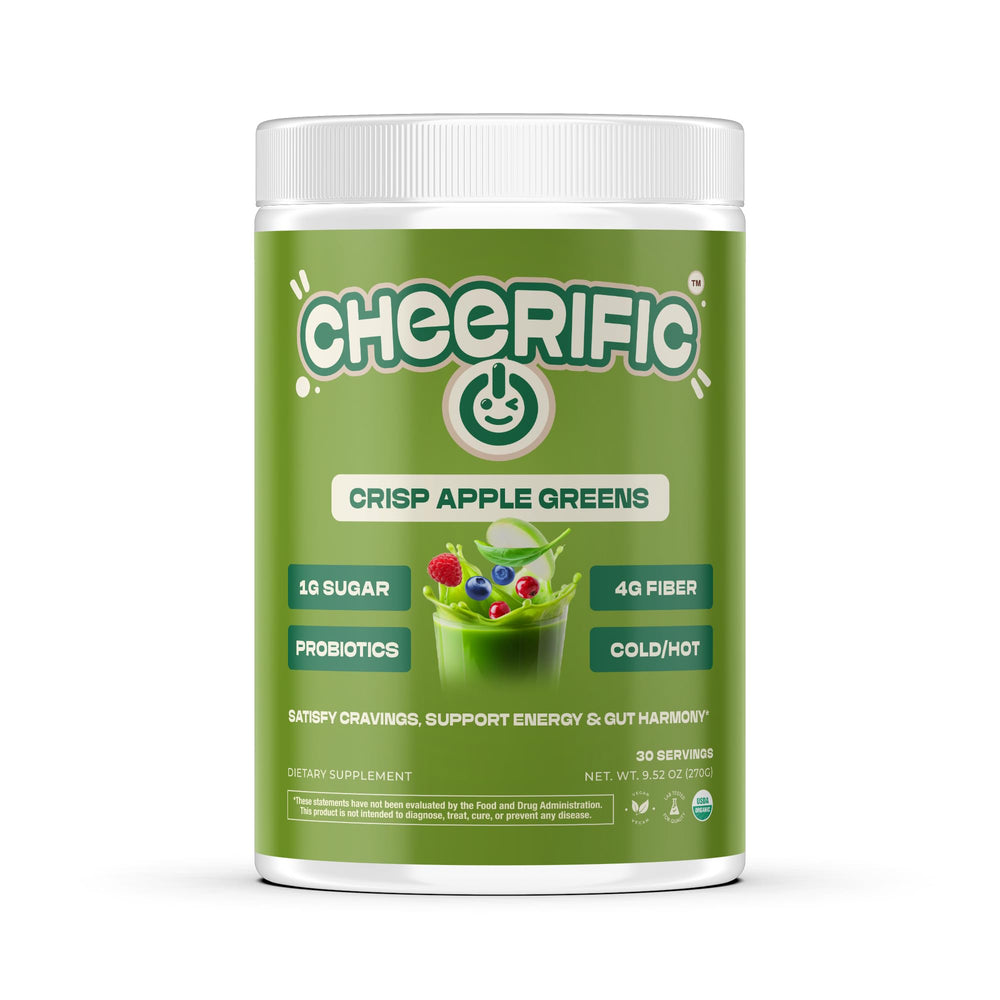 Cheerific Green Apple Bliss powder in a tub for daily nutrition