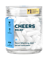 Cheers Relief bottle pour shows easy next-morning use after drinking