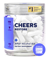 Cheers Restore bottle front view highlighting DHM and cysteine blend for after-drinking comfort