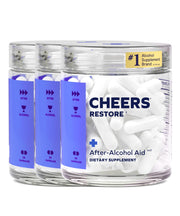 Cheers Restore bottle label shows a patent-backed formula for post-drinking comfort.