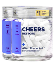 Cheers Restore bottle pour shows post-drinking recovery support in a sleek bottle.