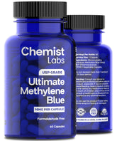 Chemist Labs Methylene Blue capsules bottle close-up showing 10 mg dosage and purity.
