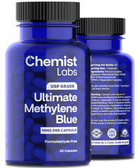 Chemist Labs Methylene Blue capsules bottle close-up showing 10 mg dosage and purity.