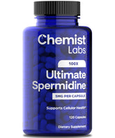 Chemist Labs Spermidine 100x formula capsules on bottle label, highlighting potency