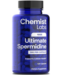 Chemist Labs Spermidine 100x formula capsules on bottle label, highlighting potency