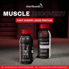 Cheribundi Proteína Zumo Cereza Tart, vaso con bebida lista para disfrutar tras entrenar.