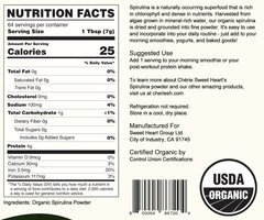 Chérie Sweet Heart Spirulina Powder bag closeup highlighting organic, raw formula.