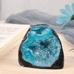 Cheungshing angel aura quartz druzy geode side-angle shows color shifts