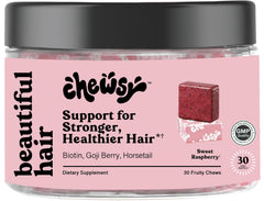 Chewsy Beautiful Hair bottle showing the convenient daily supplement for healthier-looking hair