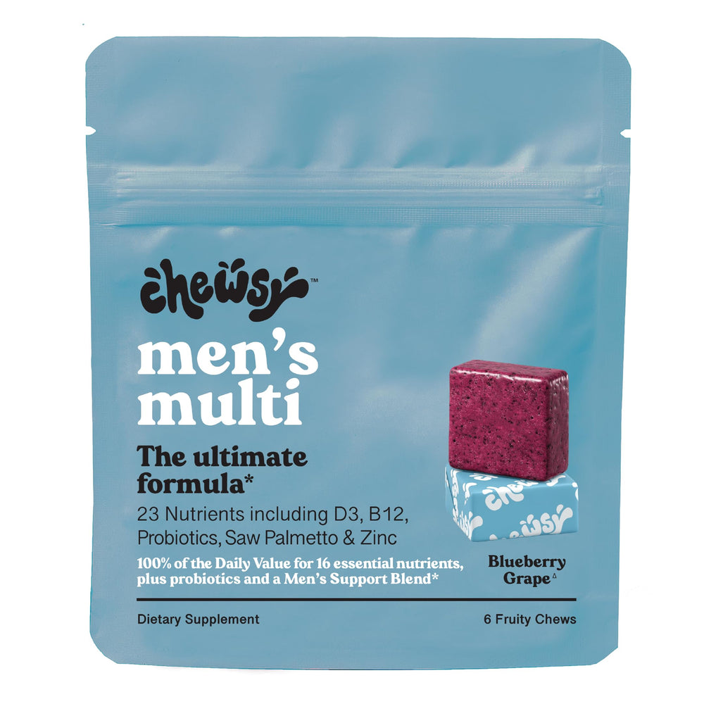 Chewsy Men's Multivitamin Chews blueberry-grape flavor, delicious daily energy support.