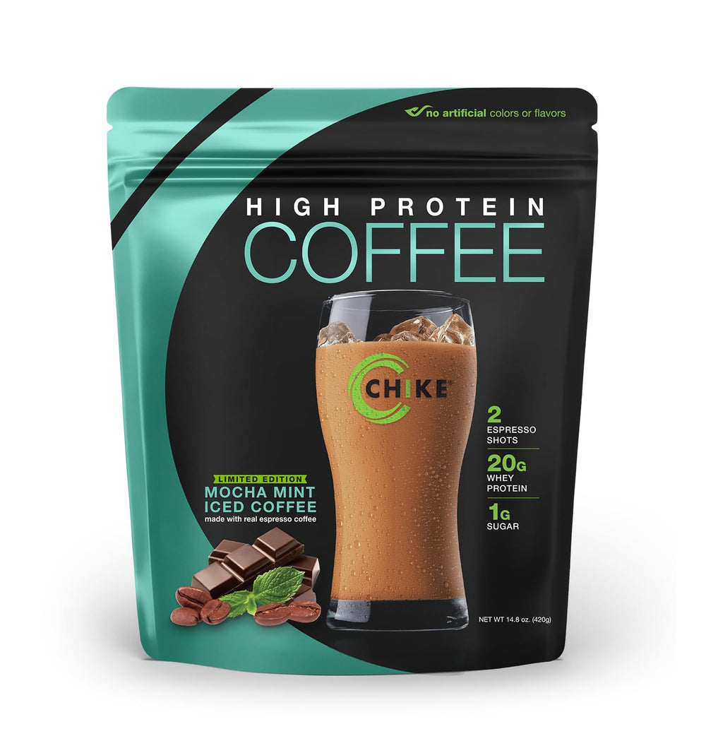 CHIKE Mocha Mint bottle pour, a quick morning protein coffee boost.