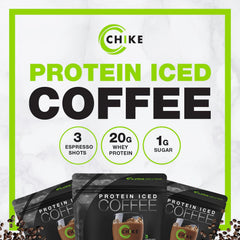 CHIKE Triple Shot Espresso & Cream protein swirl in glass suggests sustained energy.