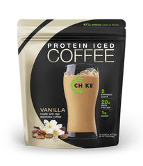 CHIKE Vanilla High Protein Iced Coffee bottle highlights convenient protein and caffeine.