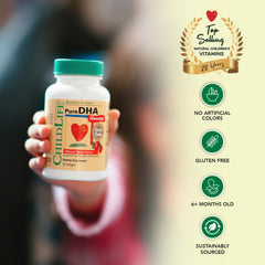 CHILDLIFE ESSENTIALS DHA EPA omega-3 label, balanced fatty acids for young diets.