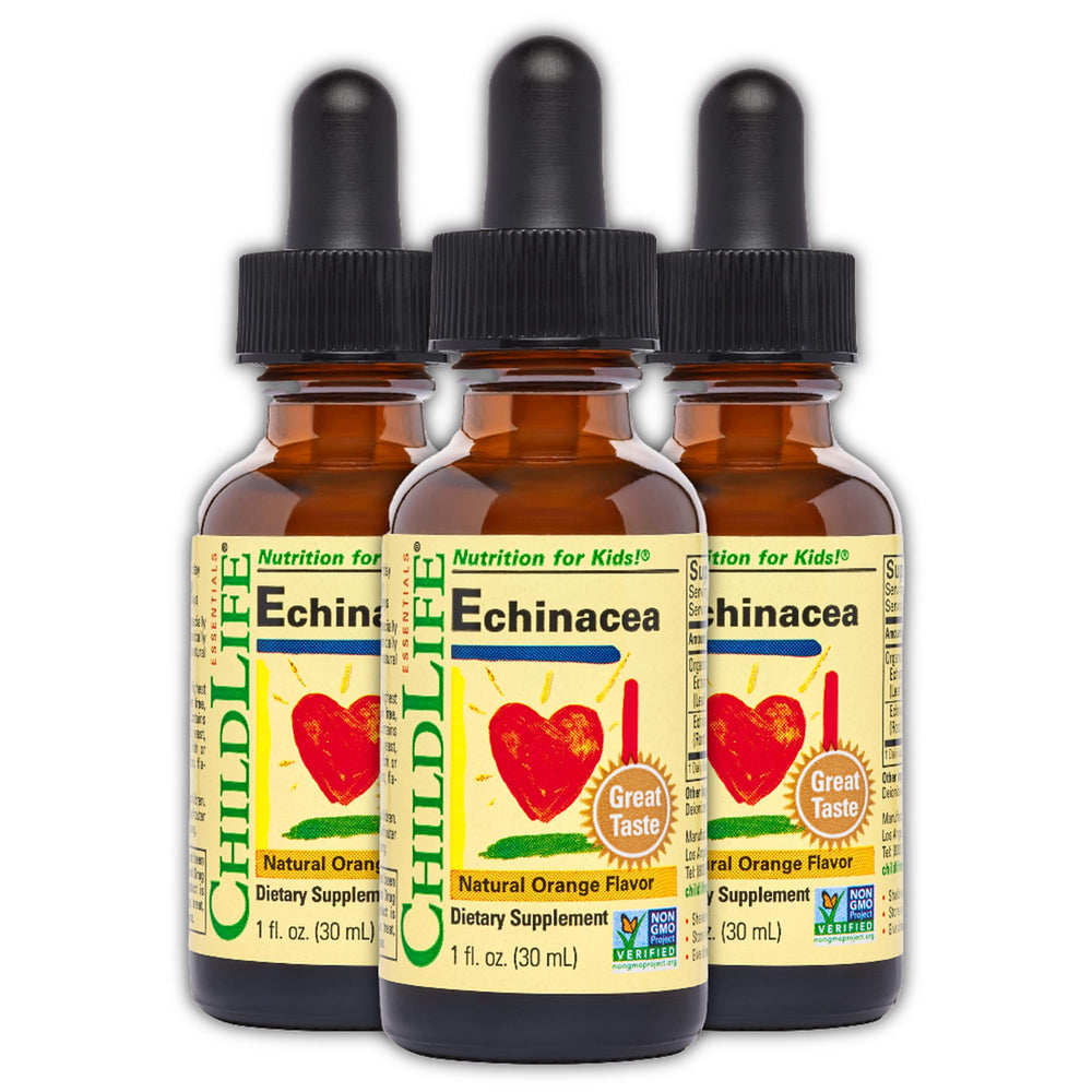 CHILDLIFE Essentials Echinacea for Kids drops bottle on a kitchen counter for daily use.