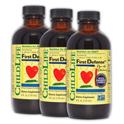 CHILDLIFE ESSENTIALS First Defense bottle label highlights gluten-free immune support for kids