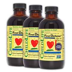 CHILDLIFE ESSENTIALS First Defense bottle label highlights gluten-free immune support for kids