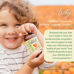 CHILDLIFE ESSENTIALS First Defense elderberry bottle highlighting elderberry blend for defenses.