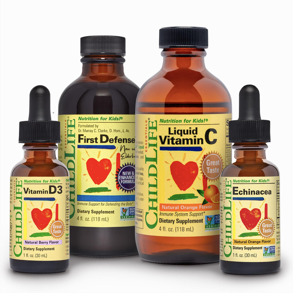 CHILDLIFE ESSENTIALS Immune Support 4-Pack bottles for daily kid-friendly immune care.