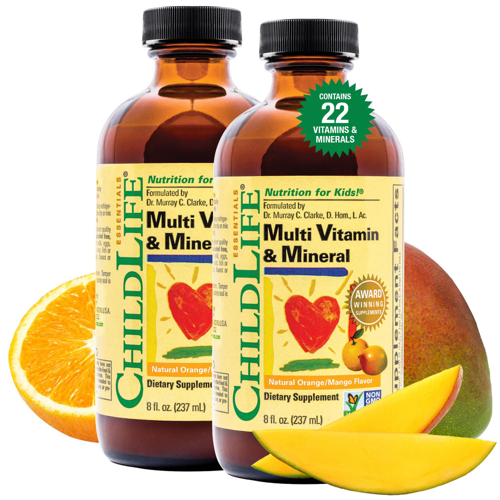 CHILDLIFE Essentials Kids Multivitamin bottle with orange-mango flavor for growing children.