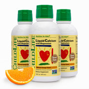 CHILDLIFE ESSENTIALS liquid calcium bottle showcases easy bone-supporting daily supplement for kids.