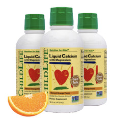 CHILDLIFE ESSENTIALS orange-flavor liquid calcium bottle supports kid-friendly bone health.