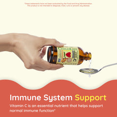 ChildLife Essentials Liquid Vitamin C recommended ages dosage chart graphic guiding immune support for families.