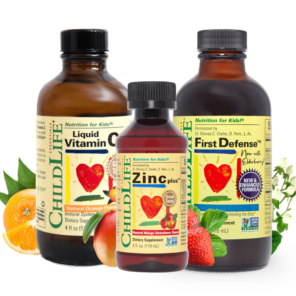 CHILDLIFE ESSENTIALS Vitamin C liquid bottle supports kids immune health in a natural orange flavor.
