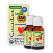 CHILDLIFE ESSENTIALS Vitamin D3 Drops bottle with organic label supports infant bone health.