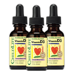 CHILDLIFE ESSENTIALS Vitamin D3 Drops for kids bottle showing the 500 IU serving.