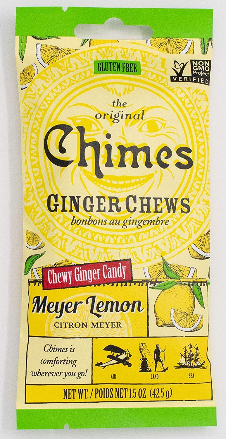 Chimes Ginger Chews Meyer Lemon packshot shows tangy citrus flavor.