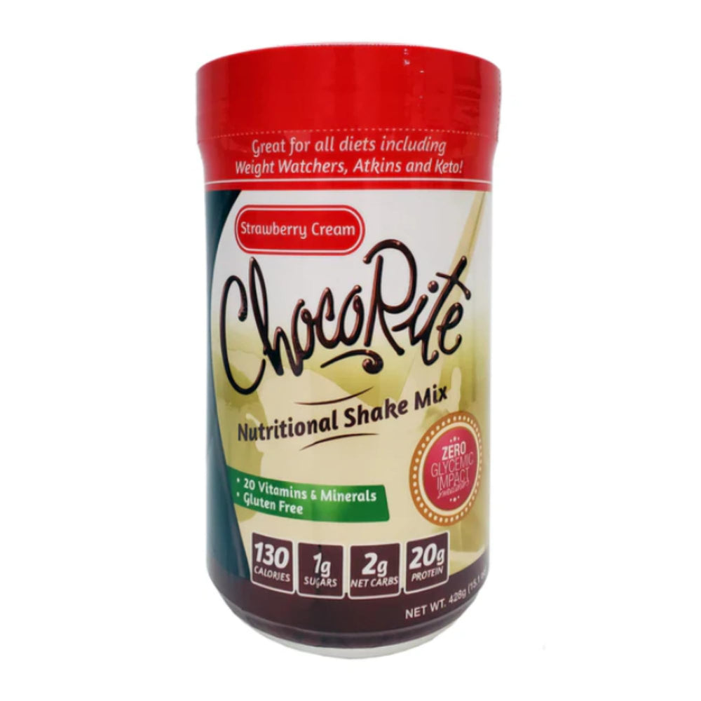 ChocoRite Strawberry Cream protein shake canister highlighting 20g protein per serving.