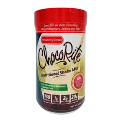 ChocoRite Strawberry Cream protein shake canister highlighting 20g protein per serving.