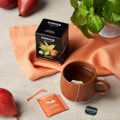 Choice Organics Oolong tea packaging highlights compostable bags and recycled cartons.