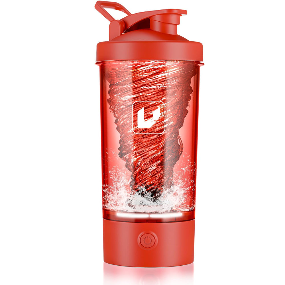 Cholas electric shaker with red lid for smooth protein shakes.