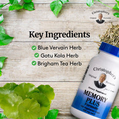 Christopher's Memory Plus label detail highlights herbal ingredients for brain support.