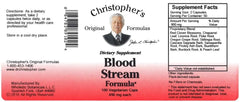 Label of Christopher's Blood Stream Formula highlighting organic herbs