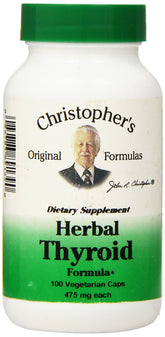 Christopher's Original Formulas Herbal Thyroid bottle close-up shows capsule detail for daily plant-based support.